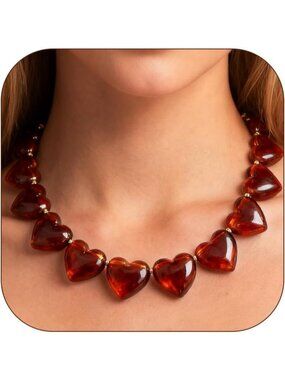 Women's Amber Acrylic Chunky Heart Choker Necklace Trendy Statement Jewelry